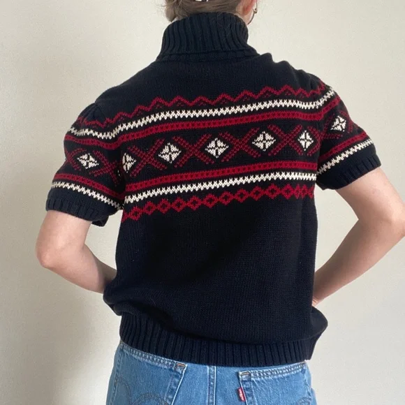 Vintage Cotton Fair Isle Short Puff Sleeve Knit Turtleneck Sweater Large - Picture 3 of 8